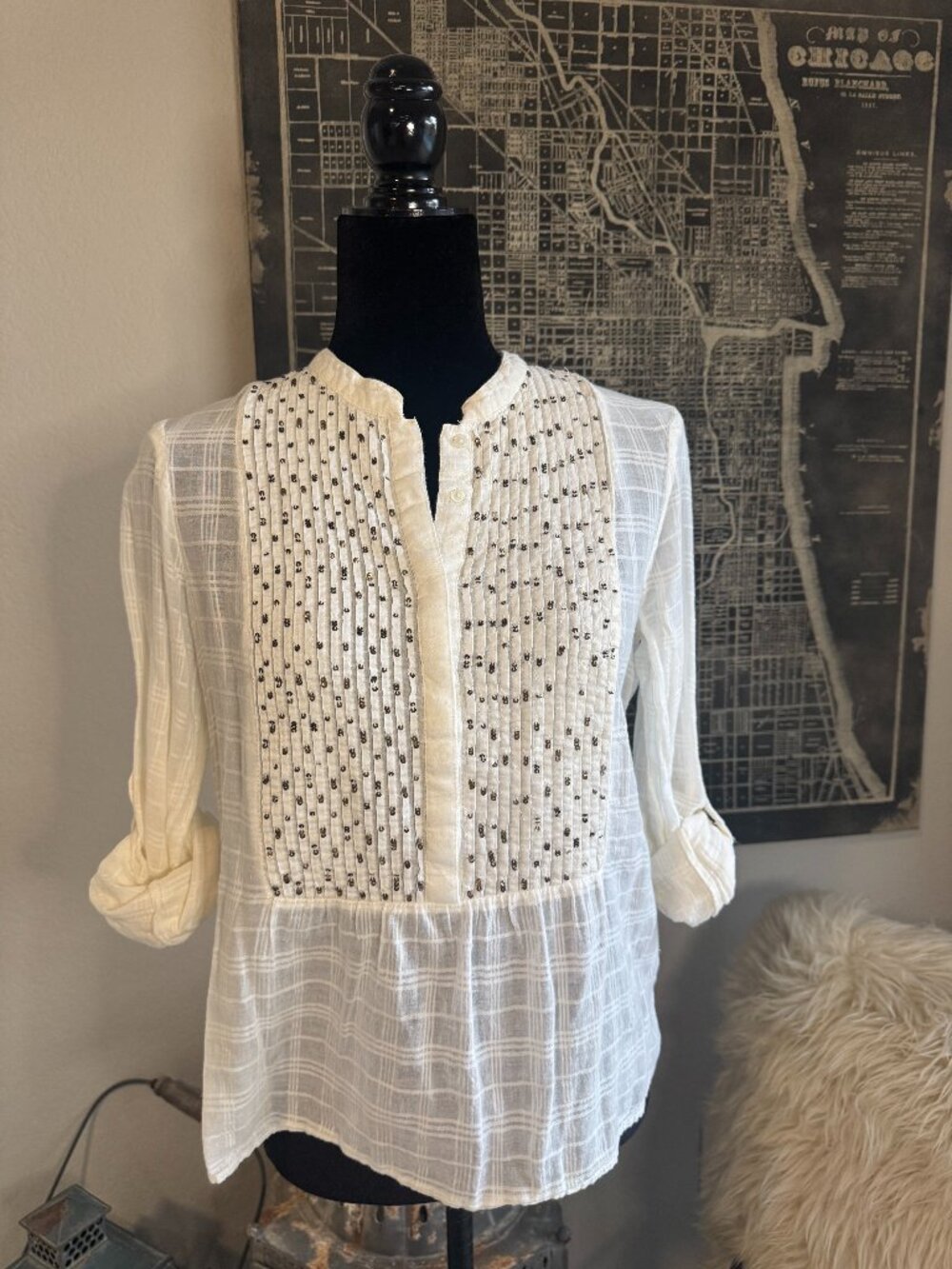 Size S - Zara Basic Gauzy Window Pane 1/2 Button Blouse with Pleated Sequined Pa